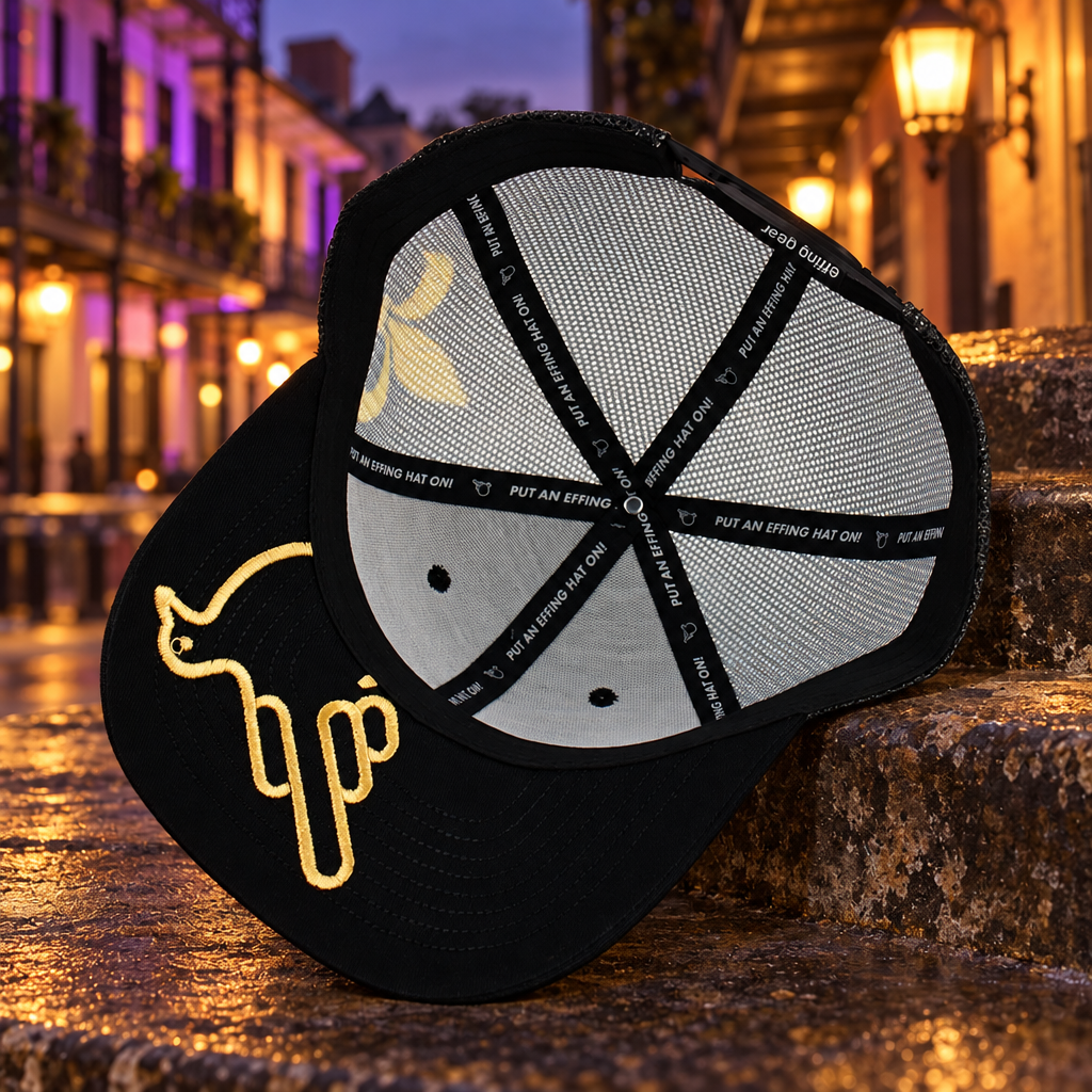 The NOLA Saint Trucker Black/Black gold Under Bird and original interior details, supported on a stone ledge in the reviewed Bourbon Street setting.