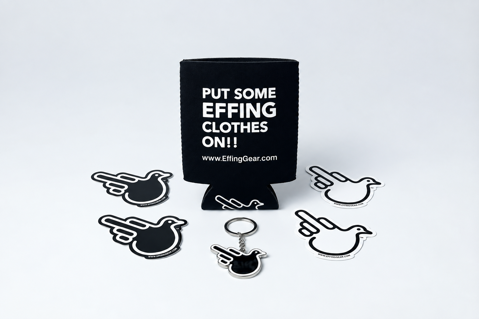 Effing Gear starter kit with can cooler, stickers, and keychain