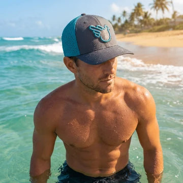 Hat Turquoise/Charcoal Gray — worn by a person
