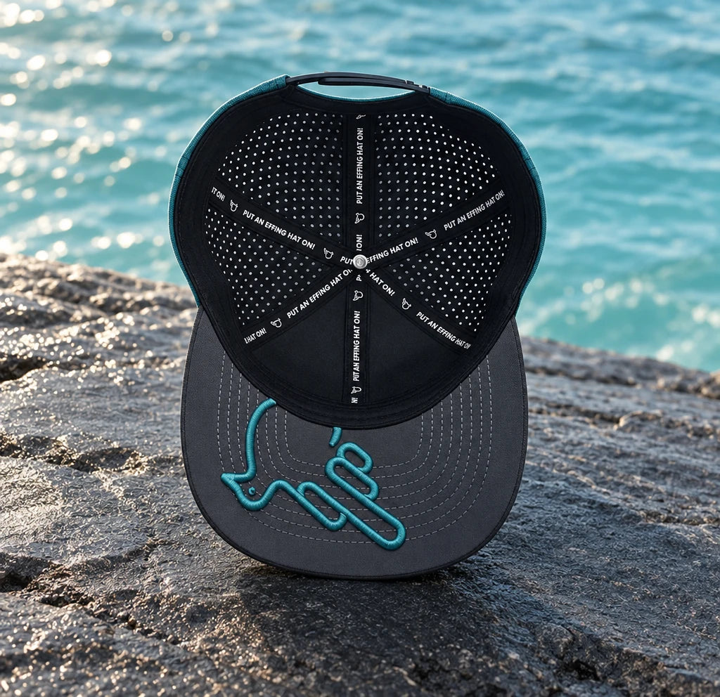 Hat Turquoise/Charcoal Gray — underside showing Under Bird artwork