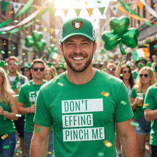 Man wearing a green t-shirt with 'Don't Effing Pinch Me' at a St. Patrick's Day celebration.