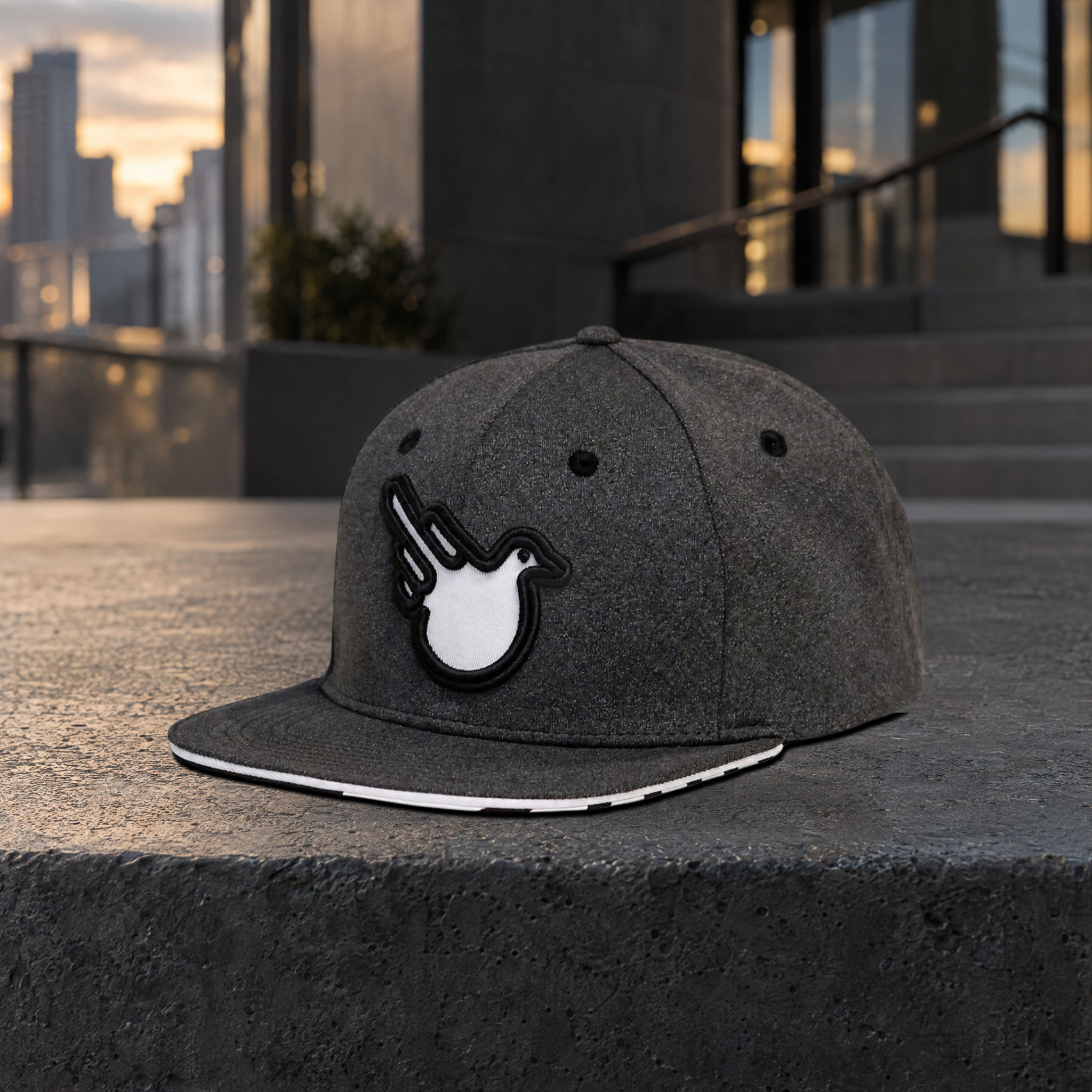The Billiam Snap, charcoal heather with white Double Bird, resting on a concrete ledge.