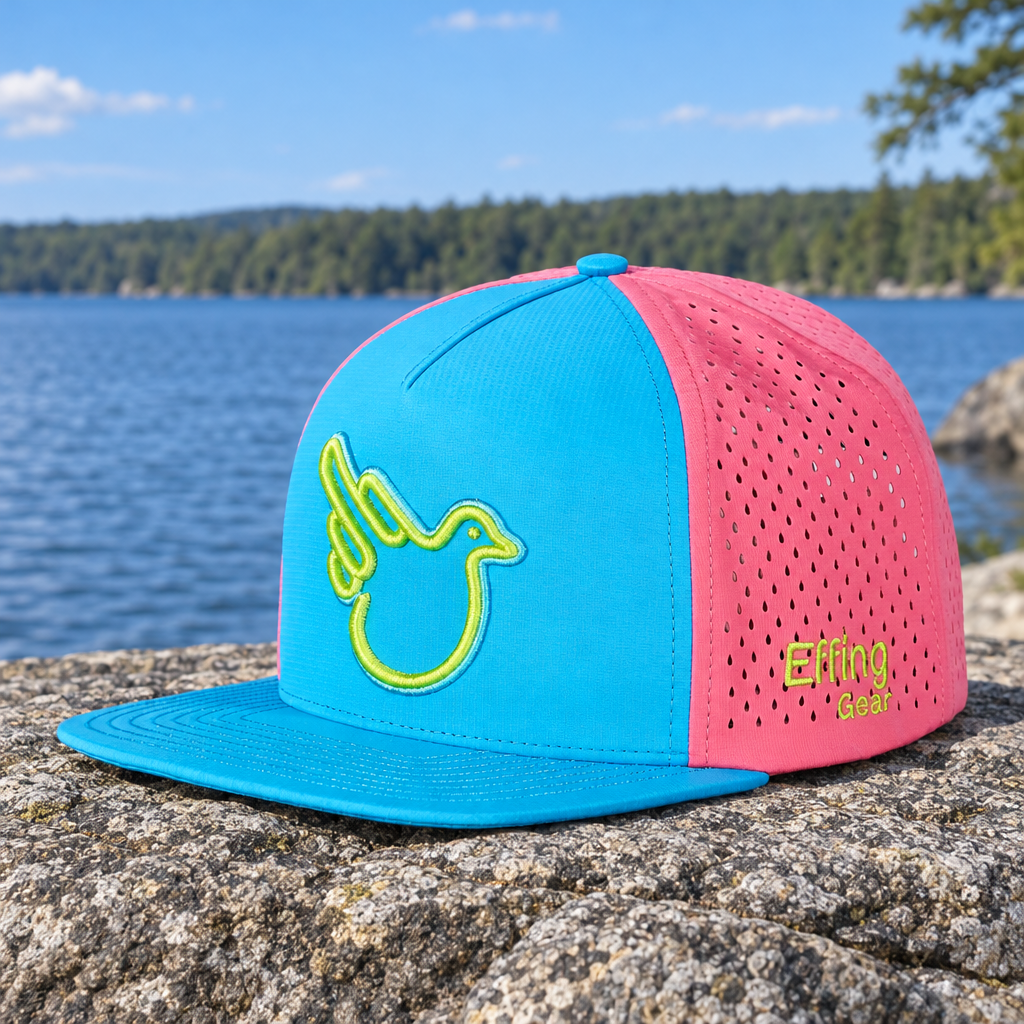 Actual BubbleBird front in its blue, pink and lime colors, resting on stone by a lake.