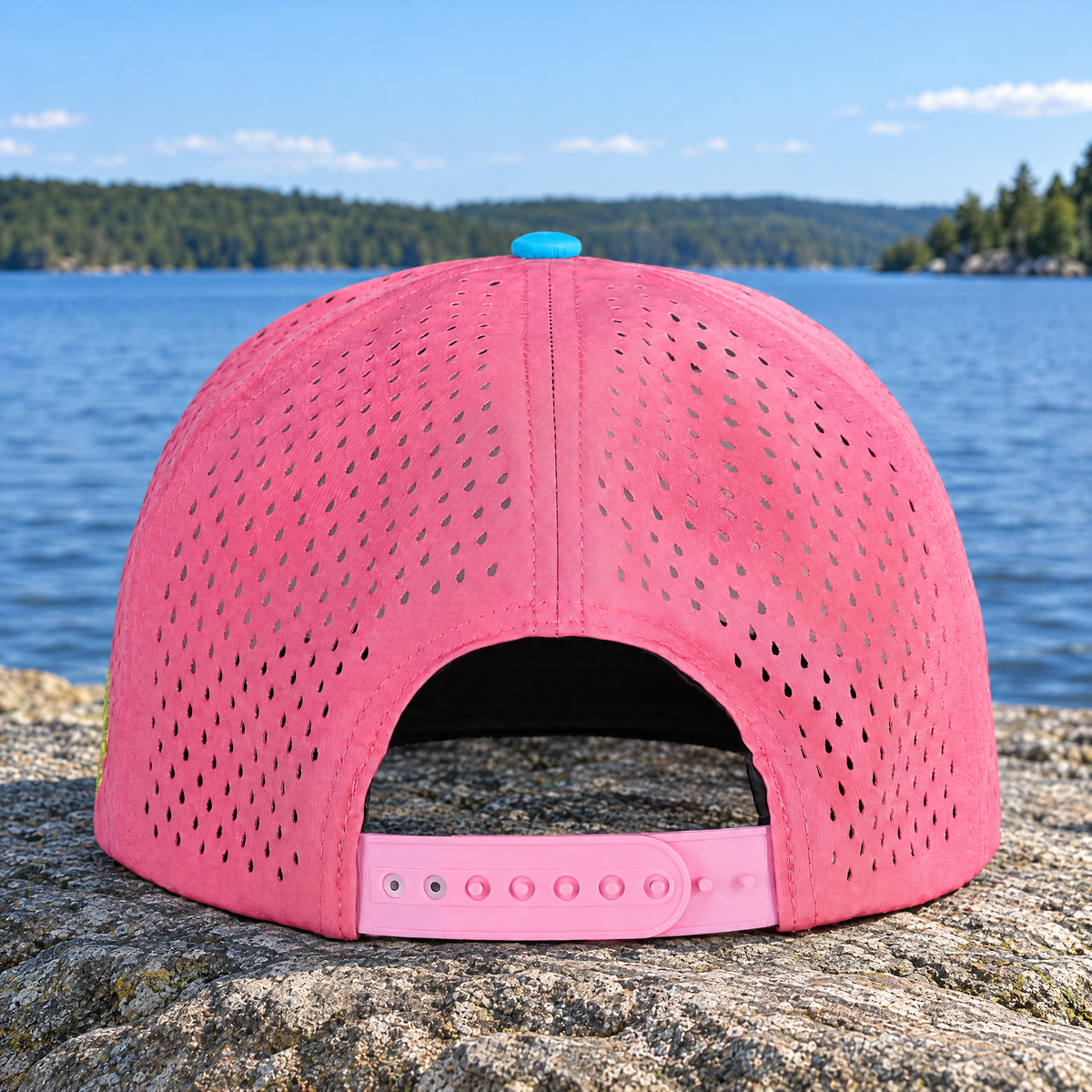 Actual BubbleBird rear in its blue, pink and lime colors, resting on stone by a lake.