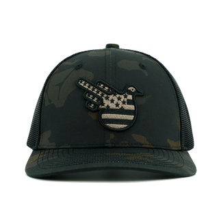 Storm Camo Fitted Trucker front with American Bird embroidery
