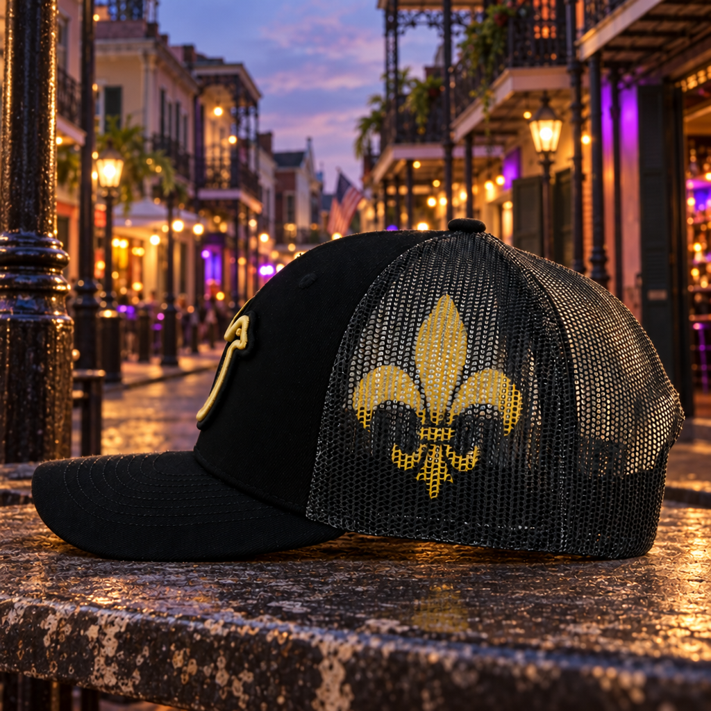 The NOLA Saint Trucker Black/Black detail in the reviewed Bourbon Street New Orleans early-evening setting.
