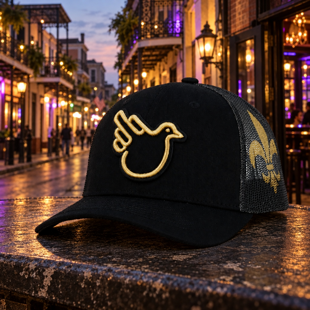 The NOLA Saint Trucker Black/Black front in the reviewed Bourbon Street New Orleans early-evening setting.