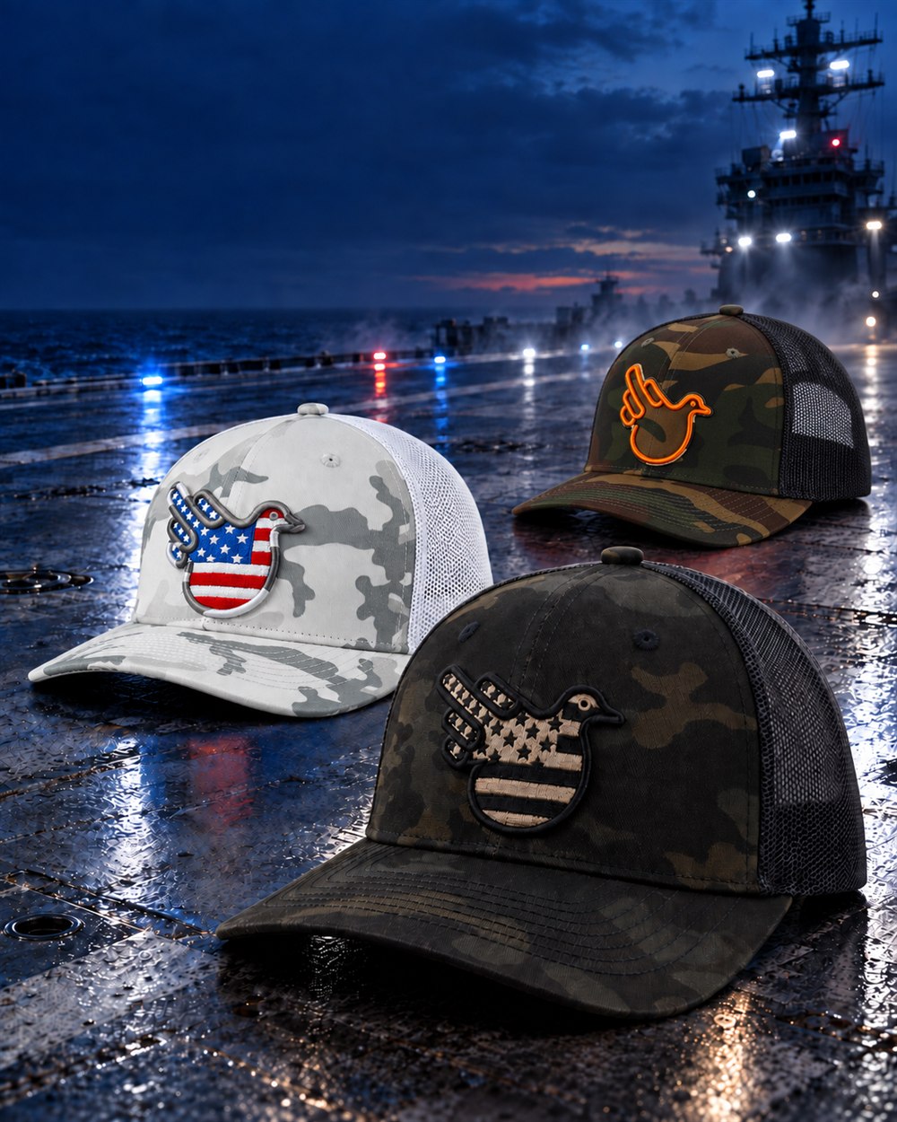 Cody Camo, Alpine Patriot Fitted Trucker, and Storm Camo hats