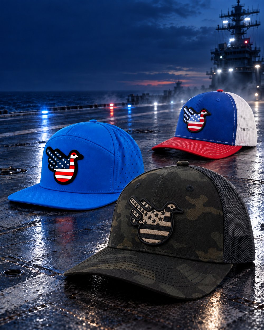 Camo Black American Bird, American Cannon, and American Jim patriot hats