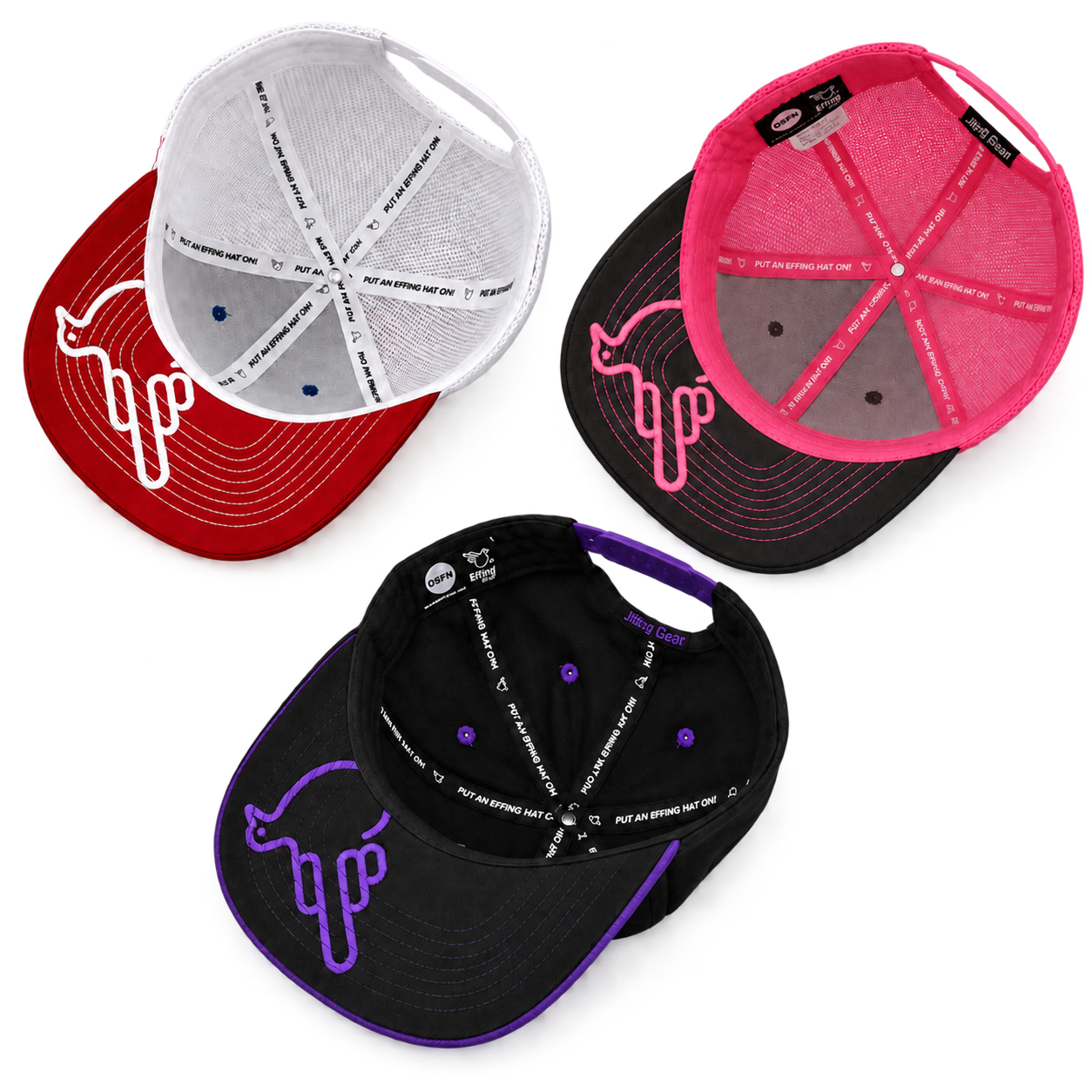 American Jim, Real Man Pink, and Purple Rain UnderBird hats