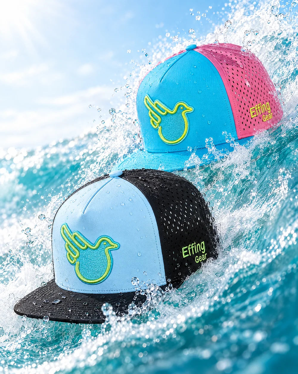 SeaBird and BubbleBird hats cutting through a bright ocean wave