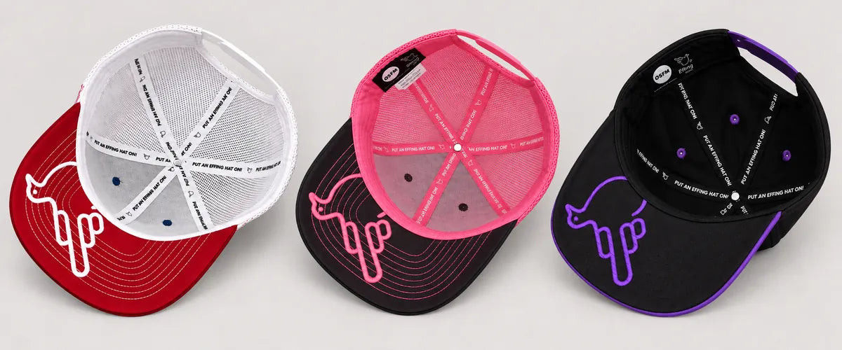 Three UnderBird hats showing their underside details